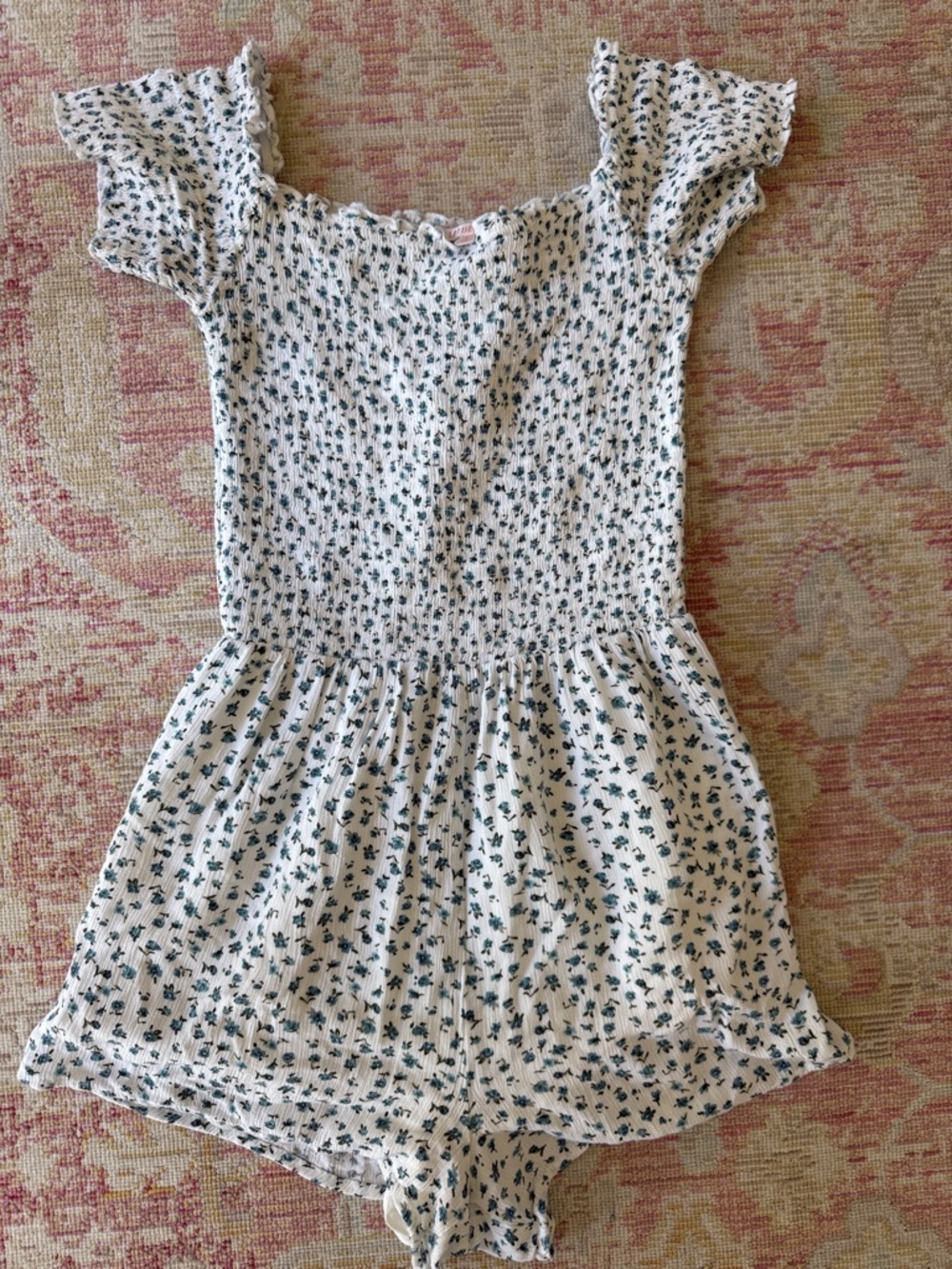 White Floral Smocked Romper with blue and white print